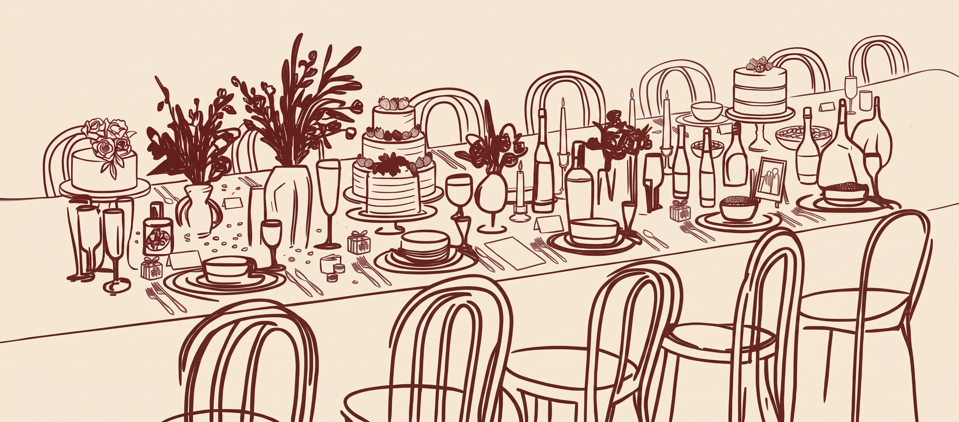 A long wedding dinner table with flowers, cake, candles and bistro chairs